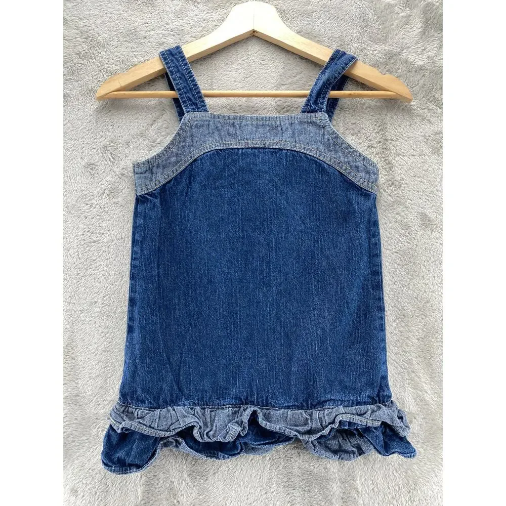 Genuine Kids OshKosh 4T Denim Jumper Dress Embroidered Button Ruffle Hem